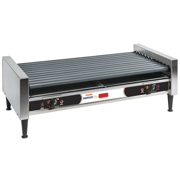A Nemco hot dog roller grill on a counter with black grips on the rollers.