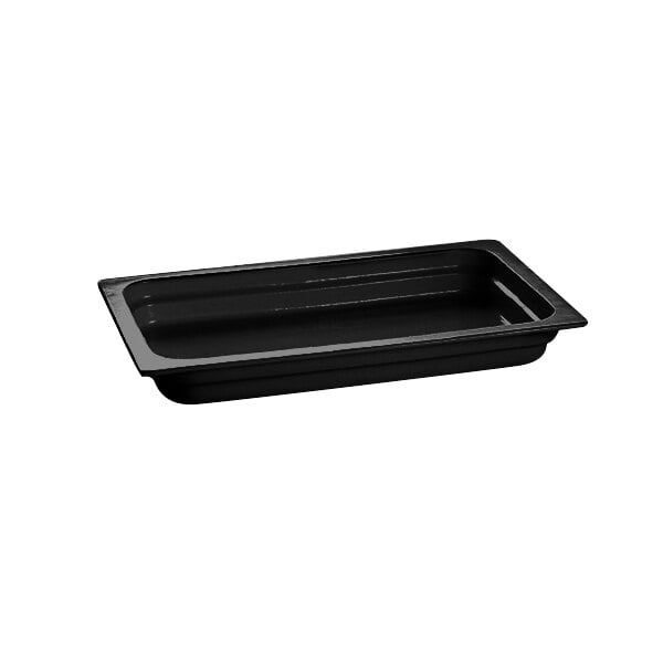 A black rectangular Tablecraft cast aluminum food pan with a lid.