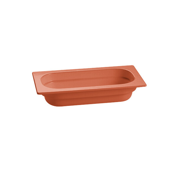 A copper rectangular Tablecraft deep food pan with a rectangle bottom.