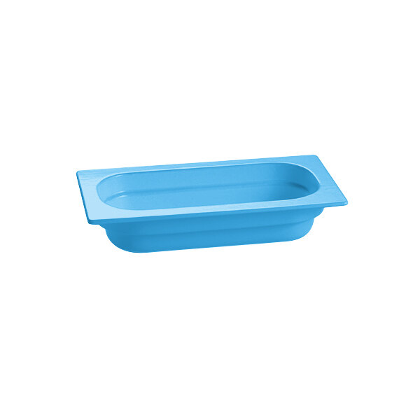 A sky blue rectangular cast aluminum food pan.