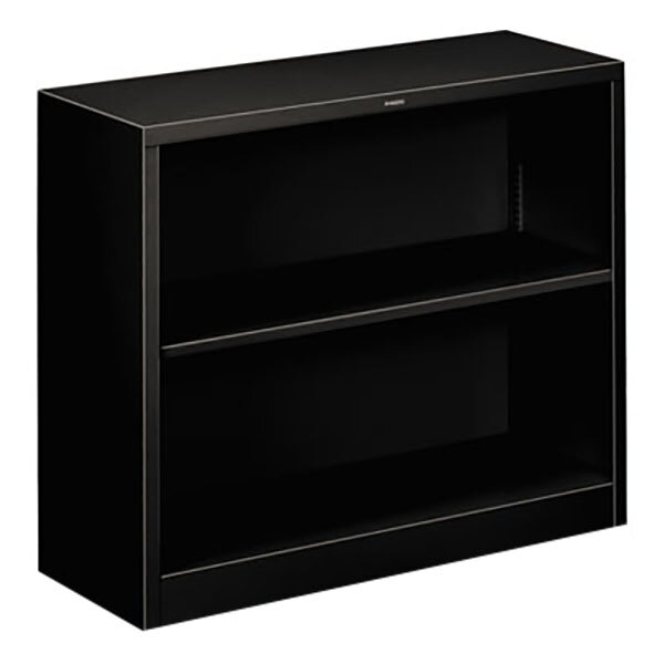 A black HON metal bookcase with two shelves.