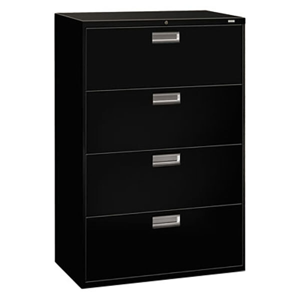 A black HON Brigade four-drawer lateral filing cabinet.