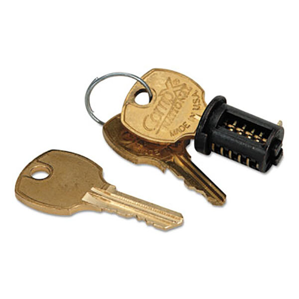 A close-up of a HON black lock core key on a key ring.