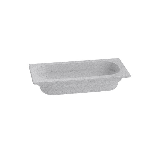 A Tablecraft granite rectangular food pan with a lid on a white tray.