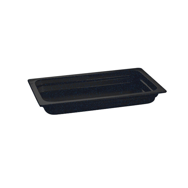 A black rectangular Tablecraft food pan with blue specks.