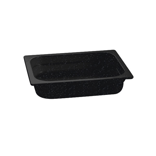A black rectangular Tablecraft food pan with speckled surface.