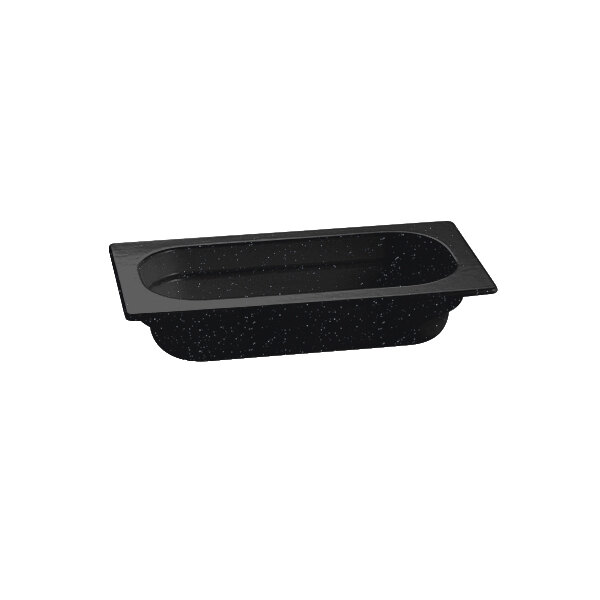 A black rectangular Tablecraft food pan with a speckled black surface.