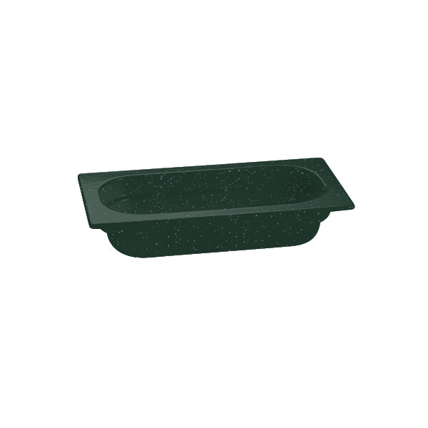 A hunter green rectangular cast aluminum food pan with white speckles.