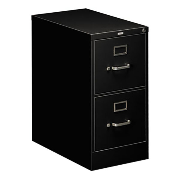 A black HON two-drawer filing cabinet with silver handles.
