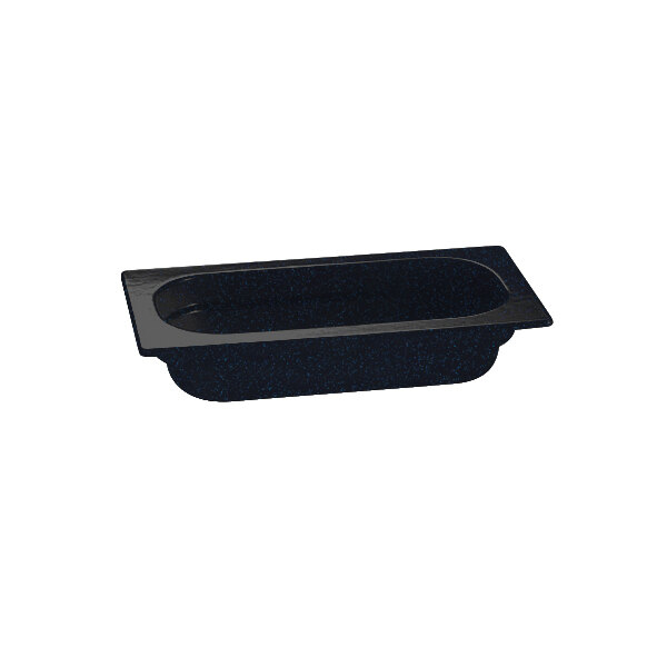 A black rectangular Tablecraft cast aluminum food pan with a rectangular bottom.