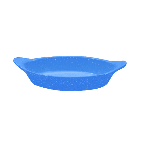 A blue cast aluminum oval server with shell handles.