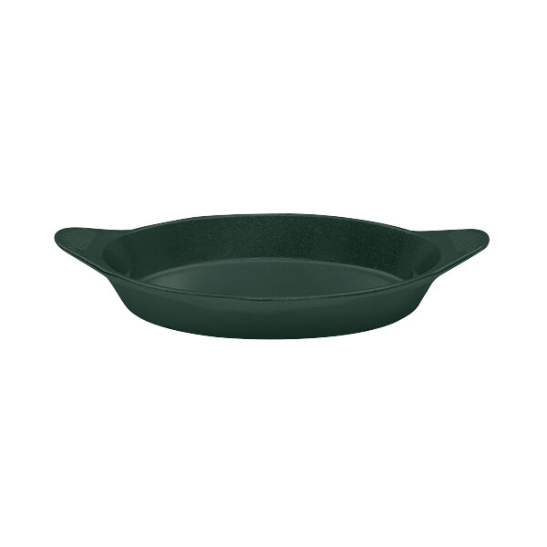 A hunter green oval metal dish with shell handles.