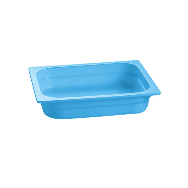 A sky blue Tablecraft cast aluminum rectangular food pan with a lid.