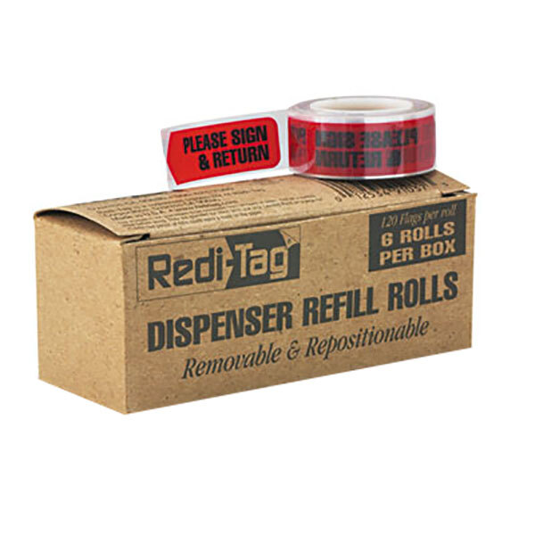 A close-up of a Redi-Tag "Please Sign & Return" page flag dispenser refill box.