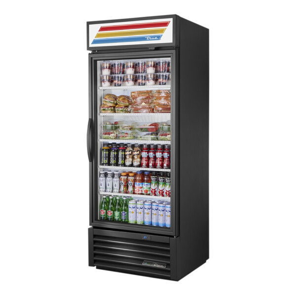 A True black glass door refrigerator filled with drinks and beverages.