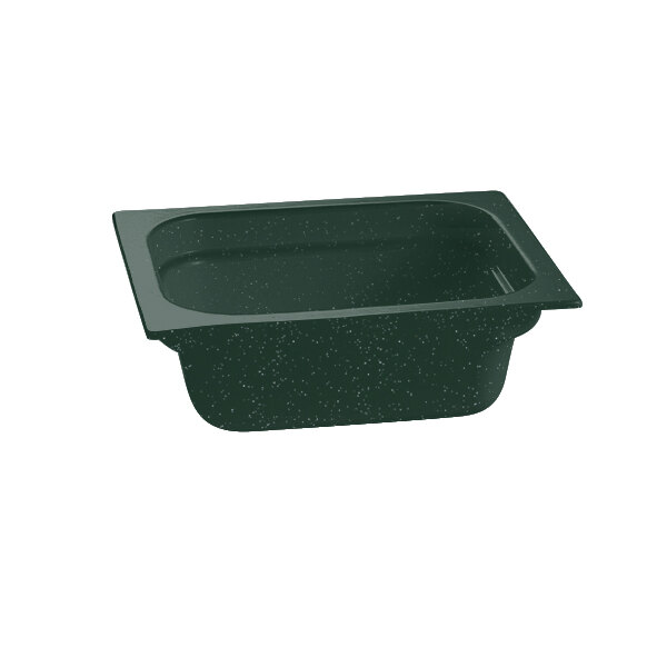 A hunter green and white speckled Tablecraft half size deep food pan on a counter.