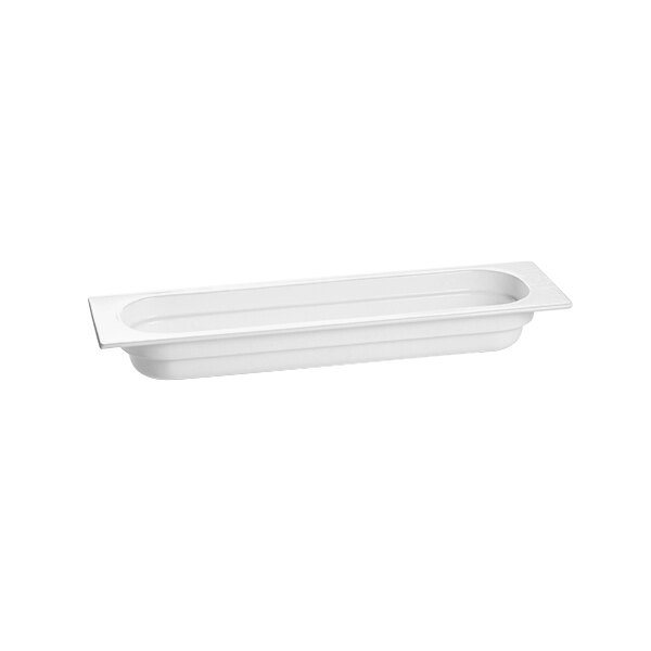 A white rectangular Tablecraft cast aluminum food pan.