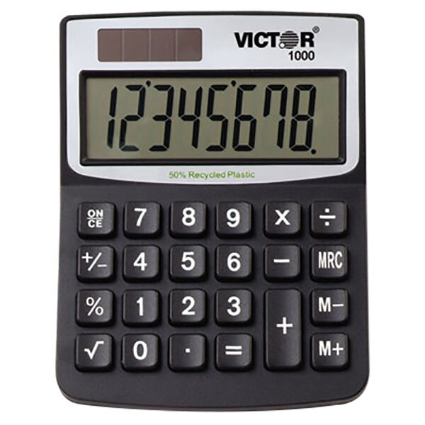A Victor 1000 solar battery powered calculator with an 8-digit display.