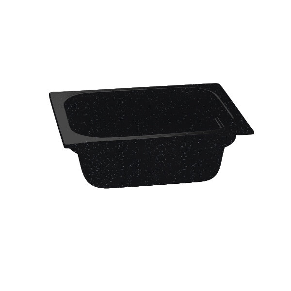 A black rectangular Tablecraft food pan with white specks.