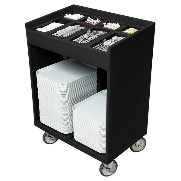 Cambro TC1418110 Black Tray and Silverware Cart with Pans and Vinyl Cover - 32" x 21" x 46"