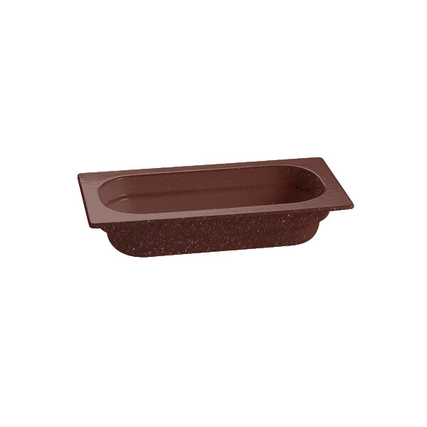 A maroon rectangular Tablecraft food pan with a lid on a counter.