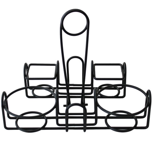 A black wire Clipper Mill condiment caddy with four round holders.