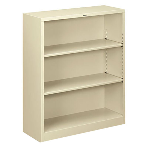 A white HON metal bookcase with shelves.