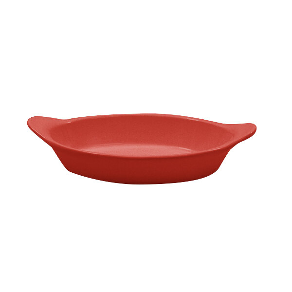 A red Tablecraft cast aluminum oval bowl with two shell handles.