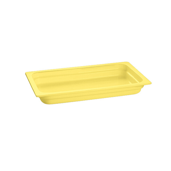 A yellow rectangular Tablecraft cast aluminum food pan.