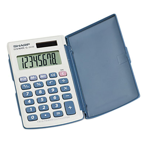 A close-up of a Sharp EL243SB pocket calculator with a digital number display.