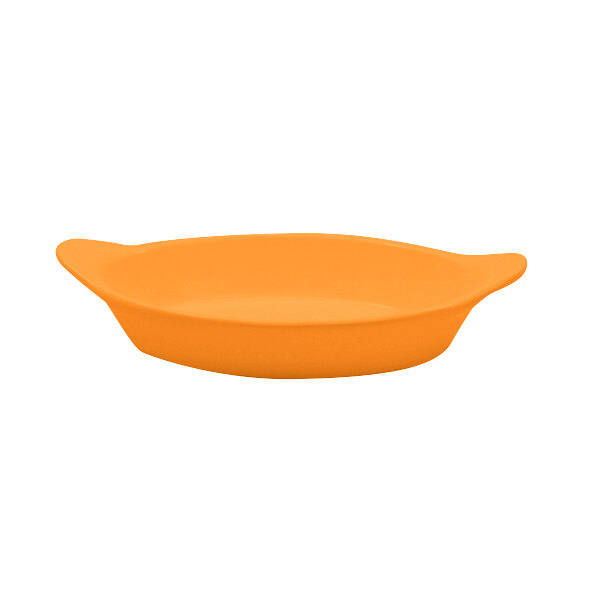 An orange cast aluminum oval server with shell handles.