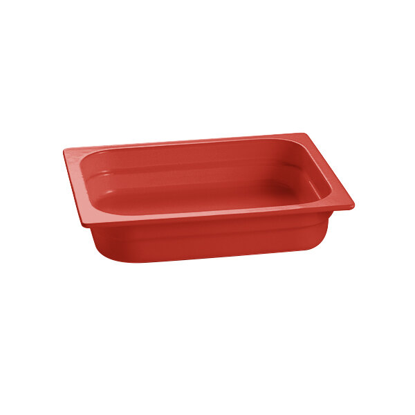 A red rectangular Tablecraft food pan.