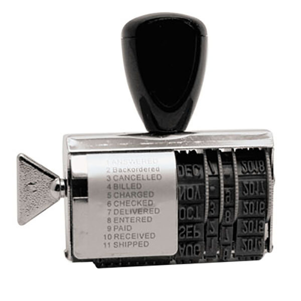 A metal Identity Group rubber date stamp with 11 messages on it.