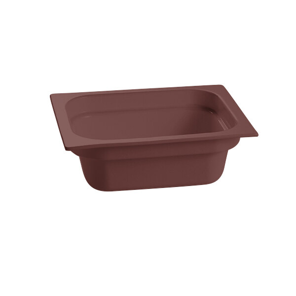 A brown rectangular Tablecraft cast aluminum food pan.