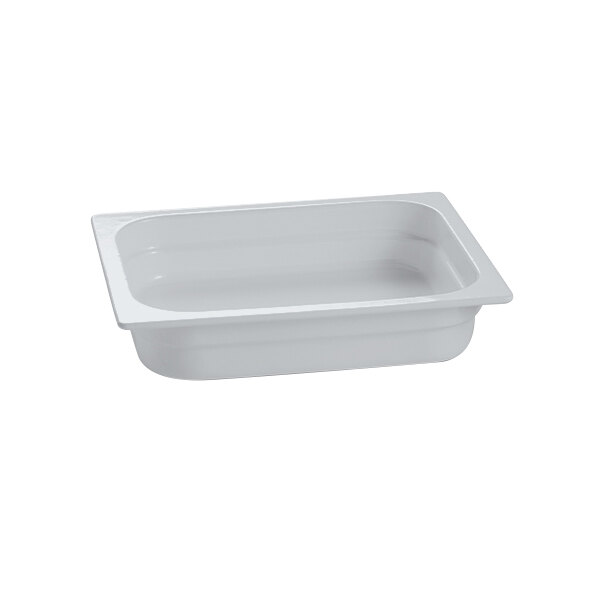 A gray rectangular cast aluminum food pan with a handle.