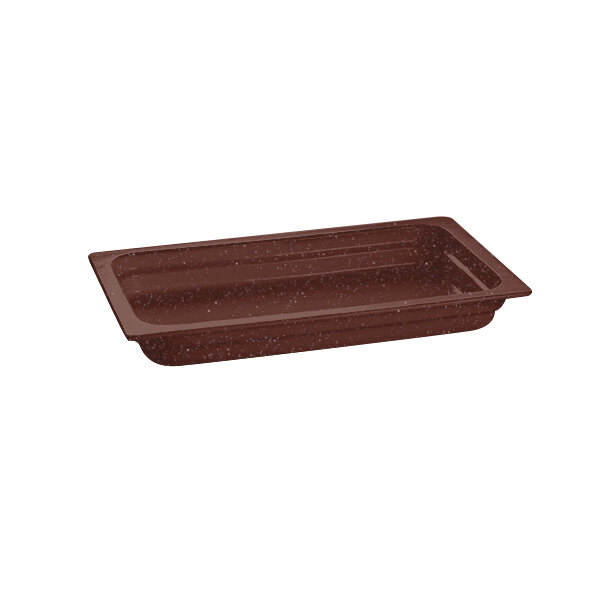 A maroon rectangular Tablecraft food pan with a white speckled surface.