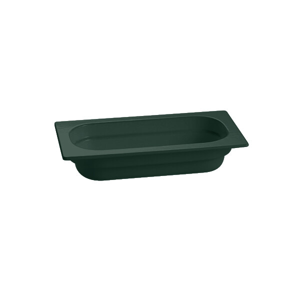 A hunter green rectangular cast aluminum food pan with a rectangular edge.