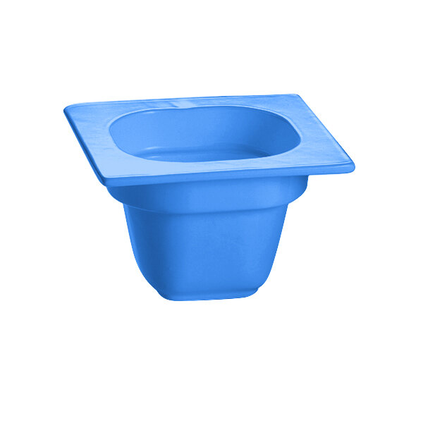 A cobalt blue square cast aluminum food pan with a square top.