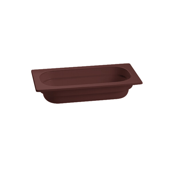 A brown rectangular Tablecraft food pan with a rectangle bottom.