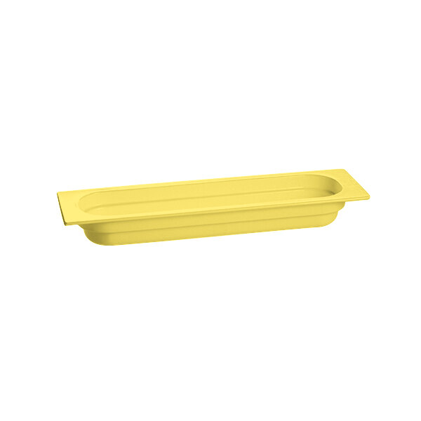 A yellow rectangular Tablecraft cast aluminum food pan.