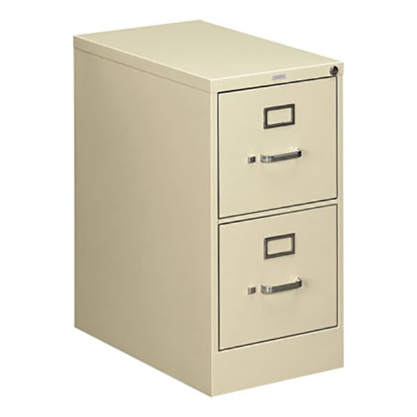 A HON putty two-drawer file cabinet.