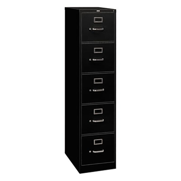 A black HON five-drawer filing cabinet.