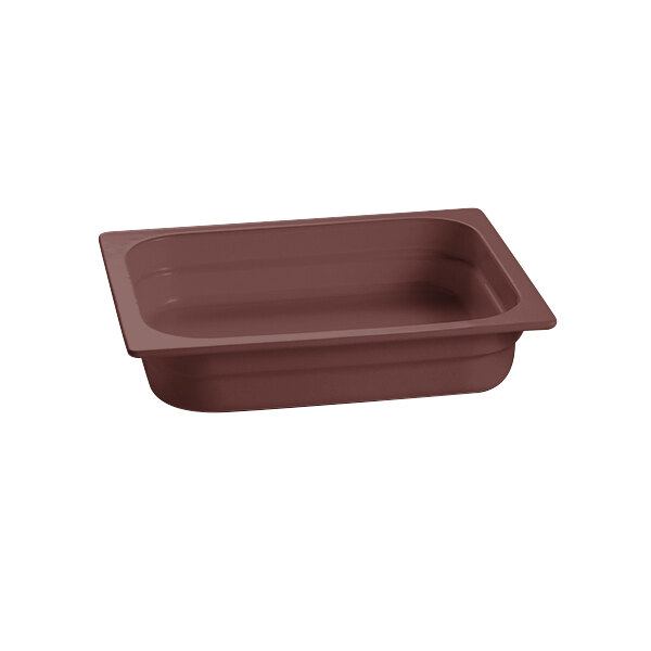 A brown rectangular Tablecraft cast aluminum food pan with a white background.