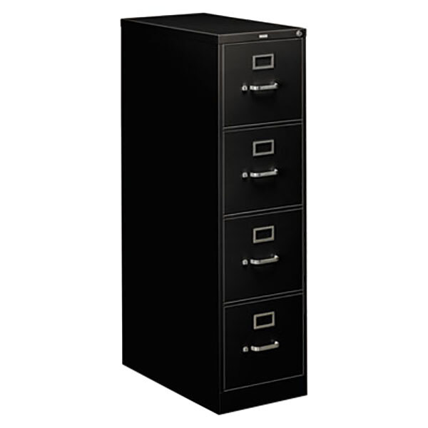 A black HON four-drawer letter filing cabinet with silver handles.