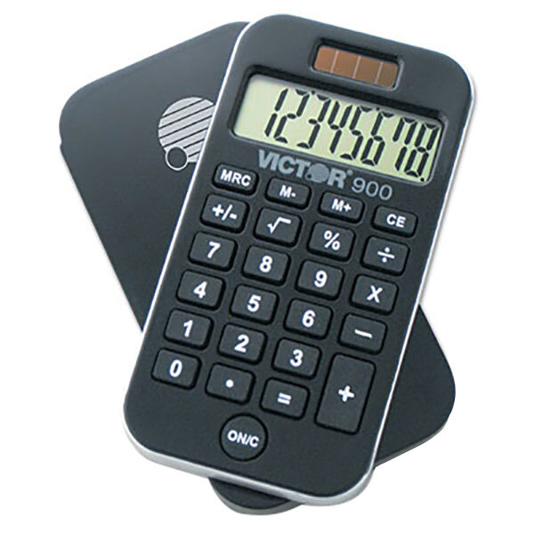 A Victor pocket calculator with an 8-digit LCD display in a black case with a black cover.
