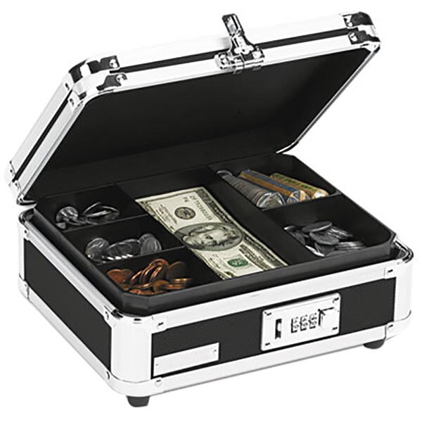 A black and silver Vaultz cash box with money inside.