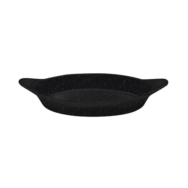 A black speckled Tablecraft cast aluminum server with two shell handles.