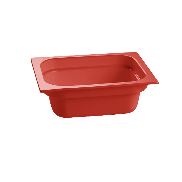 A red rectangular Tablecraft cast aluminum food pan.