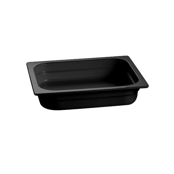 A black rectangular Tablecraft cast aluminum food pan with a lid on it.
