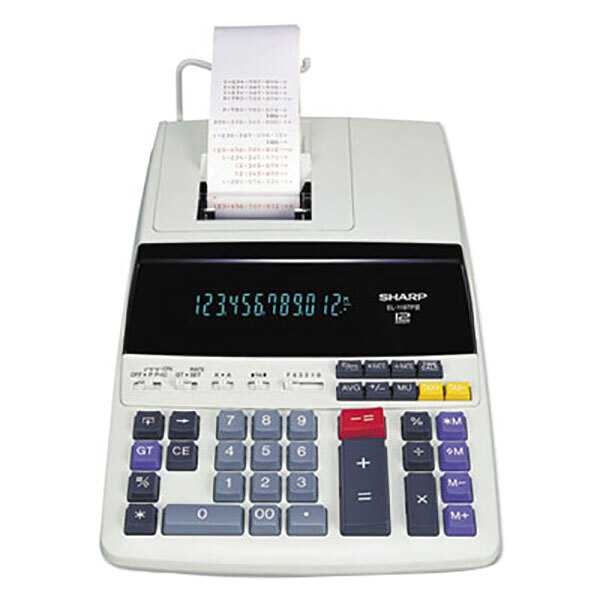 A Sharp desktop calculator printing a receipt with black and red text.